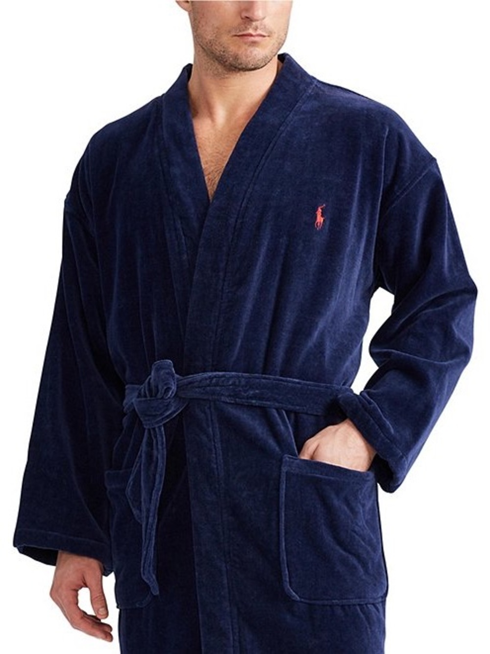 POLO RALPH LAUREN Men Plush Fleece Bath Robe Navy Red Pony Logo SM Lounge GUC